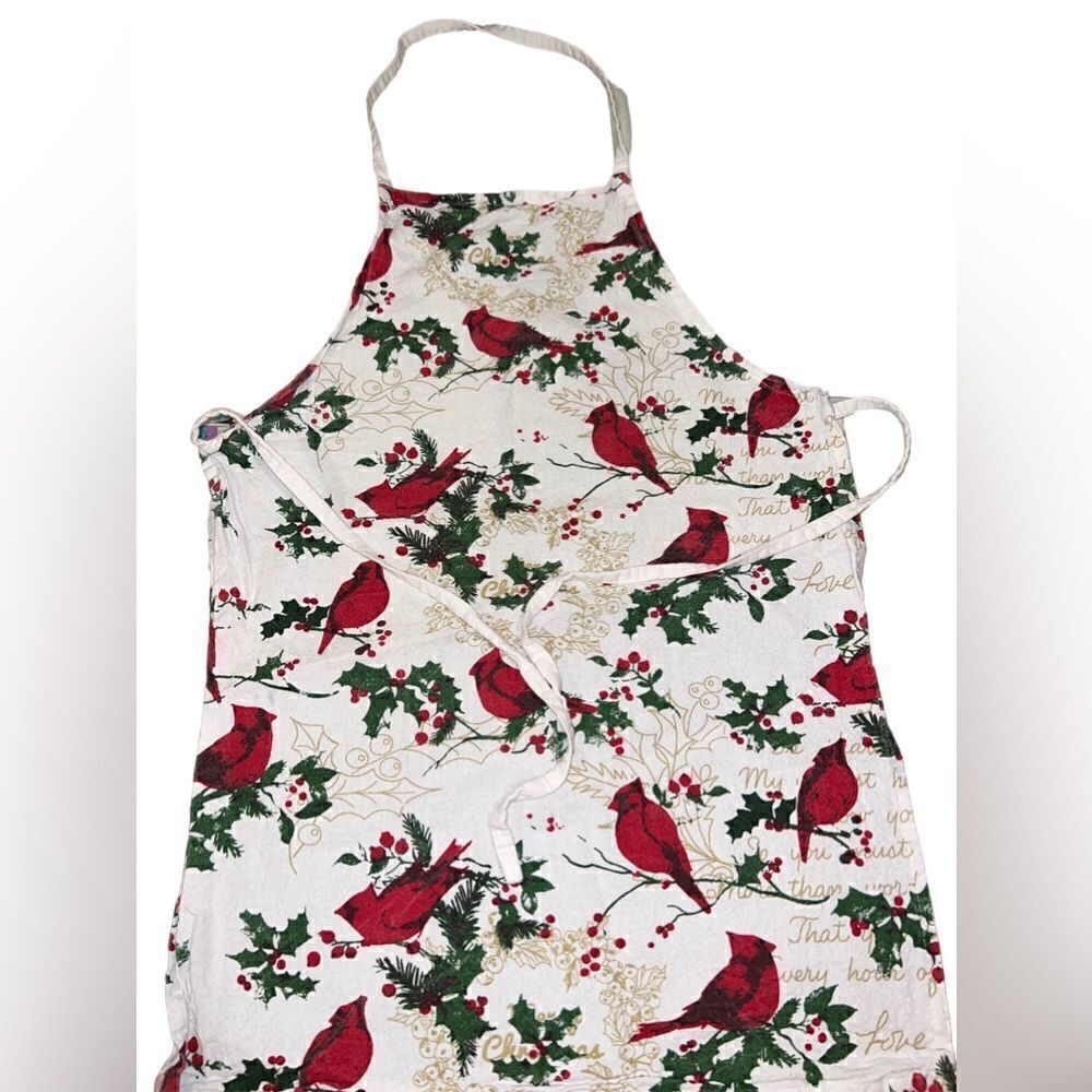 Child’s/petite adult Christmas apron with cardinals and holly and berries print